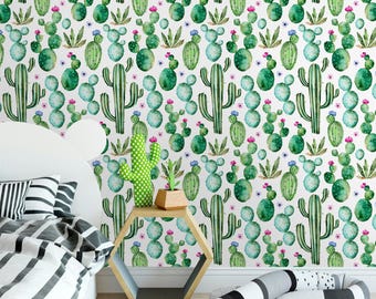 Removable wallpaper Peel and Stick, Self-Adhesive ,Watercolor Cactus Traditional Wallpaper nursery wallpaper Cactus wall mural