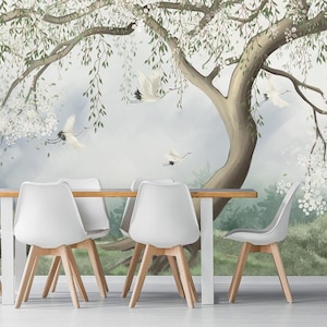 Flowering tree with willow branches Removable Wallpaper, Peel and Stick, Self-Adhesive ,crane flying Wall Mural , Forest Living Room mural