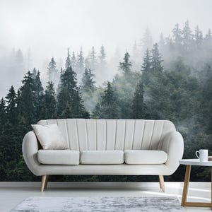 Misty foggy mountain landscape Removable Wallpaper, Peel and Stick, Self-Adhesive ,fir forest Wall Mural , Forest Living Room mural