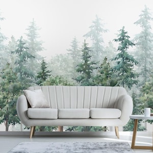 Watercolor woodland Removable Wallpaper, Peel and Stick, Self-Adhesive , forest trees Wall Mural , nursery Living Room mural