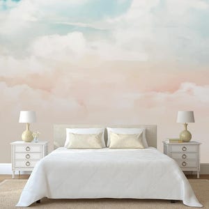 Abnehmbare Tapete, Schälen und Aufkleben, Aquarell Pastellhimmel, Wolken Wandbild, Kinderzimmer Wohnzimmer Wandbild