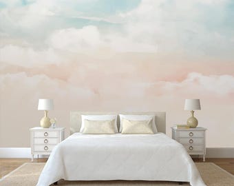 Aquarel pastel luchtwolk verwisselbaar behang, Peel and Stick, zelfklevend, wolken muurschildering, muurschildering woonkamer, kinderkamer