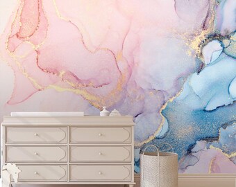 Abstract multicolored marble Removable Wallpaper, Peel and Stick, Self-Adhesive , pink Alcohol ink Mural , Modern fluid Living Room mural