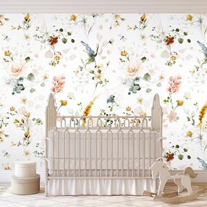 Removable Peel and  Stick Wallpaper, Self-Adhesive Wall Mural,watercolor garden flowers decor Traditional Wallpaper kids nursery wallpaper