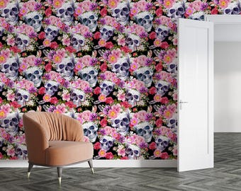 Skull and Roses wallpaper Peel and  Stick, Self-Adhesive , Traditional Wallpaper Floral Skull Wall Mural , bedroom Wallpapers