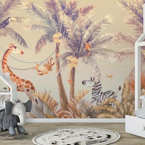 Safari Giraffe Zebra Palmen Tiere Abnehmbare Tapete, Schälen und Aufkleben, selbstklebend, Kindertapete, Kinderzimmer Wohnzimmer Wandbild