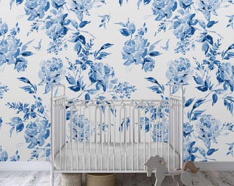 Blue watercolor floral Removable Wallpaper-Peel and Stick Wallpaper-watercolor roses Wall Mural- Traditional Wallpaper nursery Wall Art