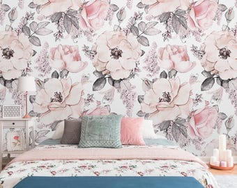 Aquarel roze bloemen en bladeren Verwijderbaar behang Peel and Stick, zelfklevende muurschildering, bloemroos decor traditioneel behang
