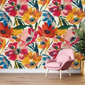 Abstract flower blooming Removable Peel and Stick Wallpaper, Self-Adhesive Wall Mural, Watercolor floral geometric Traditional Wallpaper