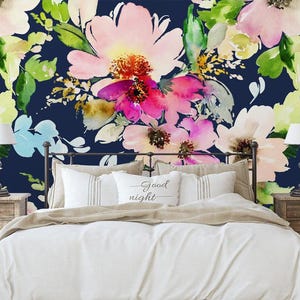 Removable wallpaper Peel and Stick, Self-Adhesive ,Watercolor Flower Blossom Traditional Wallpaper nursery wallpaper Plant wall mural