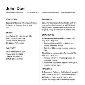 May include: A CV for John Doe, detailing education, skills, experience, and projects. The document includes contact details, a summary of qualifications, and information on software engineering internships and projects. The CV is presented on a white background.