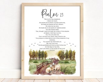 May include: A watercolor painting of a peaceful forest scene with a dirt path leading through it. The painting features a quote from Psalm 23, "The Lord is my shepherd, I shall not want." The quote is written in black cursive font on a white background.