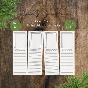 May include: Set of four printable book review bookmarks. Each bookmark features a black and white outline of a book with a space for a title, author, and rating. There are five hearts for rating the book and lines for writing notes.