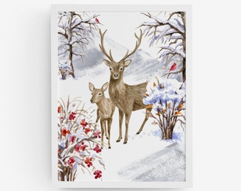 Winter Deer Painting Winter Wall Decor Christmas Watercolor Painting Digital Download Christmas Printable Wall Art Deer in Snow Printable