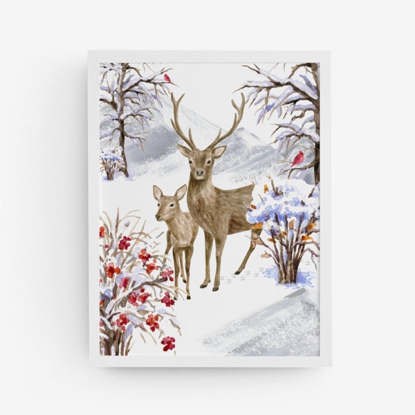 Winter Deer Painting | Winter Wall Decor | Christmas Watercolor Painting | Digital Download | Christmas Printable Wall Art | Deer in Snow
