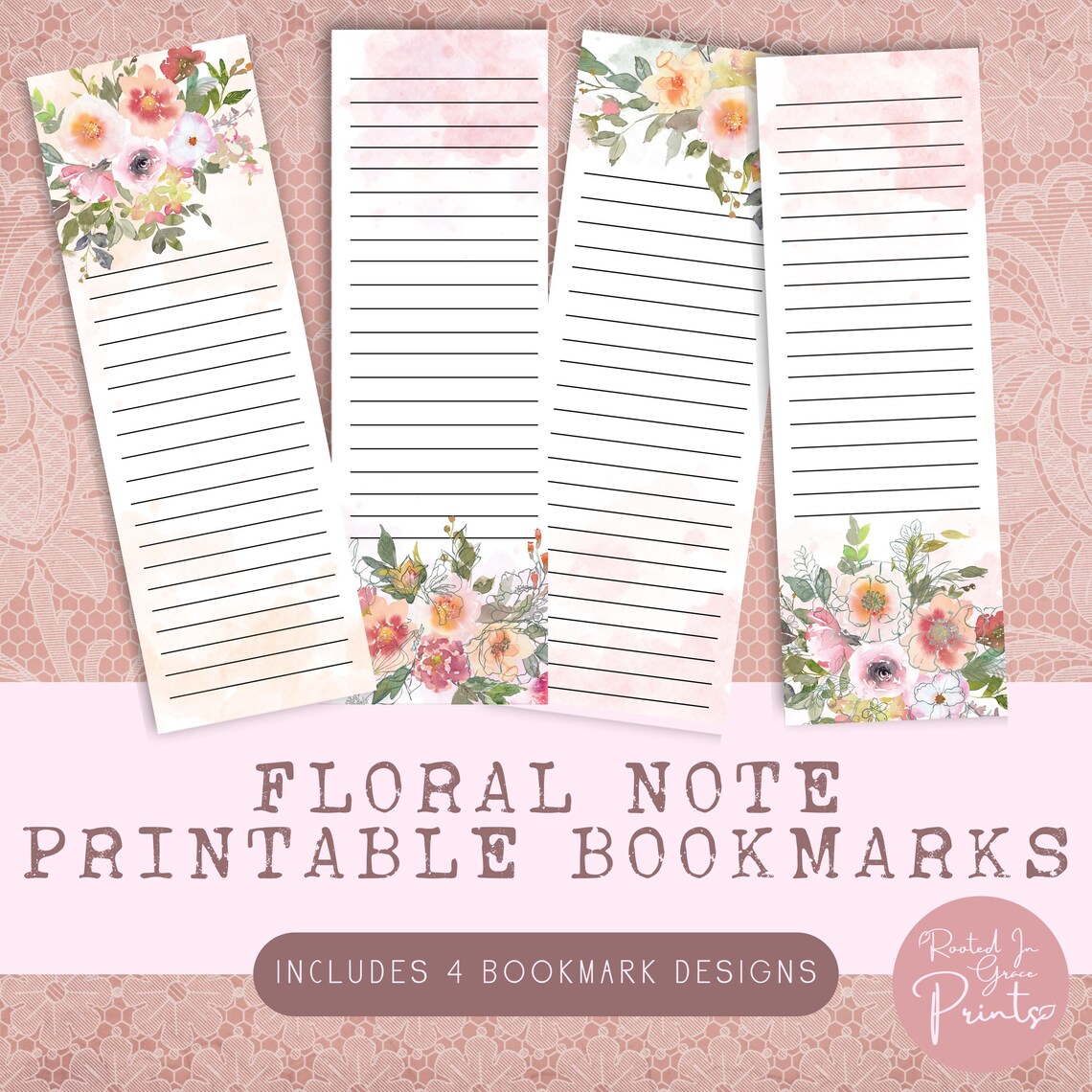 Bookmark Mini Notes Floral Note Bookmark Printable Lined Note Taking Bookmark Printable ...
