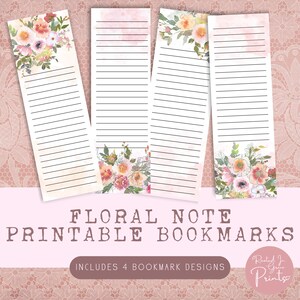 Op de afbeelding: Vier printbare bloemige notitie-bladwijzers met gestreept papier. De bladwijzers bevatten aquarelbloemmotieven in roze, wit en gele tinten.
