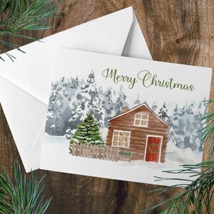 Carte de Noël imprimable | Cabane d’hiver aquarelle | Carte de vœux paysage 7x5 | Carte de Noël imprimable | Téléchargement numérique | Carte de Noël
