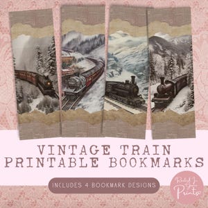 Puede incluir: Conjunto de cuatro marcapáginas de tren vintage imprimibles. Cada marcapáginas presenta una ilustración diferente de un tren de vapor en un paisaje invernal nevado. Los marcapáginas están diseñados con una estética rústica y vintage.