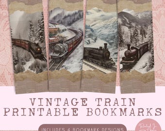 Segnalibro stampabile con treno d'epoca invernale, regalo per lettori, idee regalo per cesti regalo per librerie e circoli di lettura, biglietto del treno stampabile