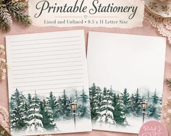 Carta da lettere stampabile con motivo foresta invernale, righe e bianco, disegno di lampione innevato