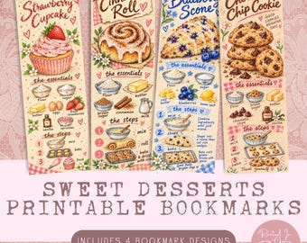 Set di 4 segnalibri stampabili per ricette di dolci / Regalo per amanti dei libri di cucina rustica / Download segnalibro