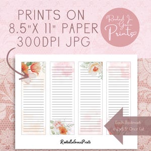 Op de afbeelding: Printbare blad met drie bloemmotieven voor 8,5 x 11 inch boekmerken. Elk boekmerk is 2 x 6,5 inch en heeft een aquarelbloemmotief op een roze en witte achtergrond. De tekst "Rooted In Grace Prints" staat onderaan het blad.