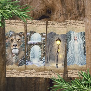 May include: Set of four winter-themed bookmarks featuring a lion, a stone archway, a street lamp, and a woman in a white gown. The bookmarks are printed on a parchment-like background with a handwritten inscription.