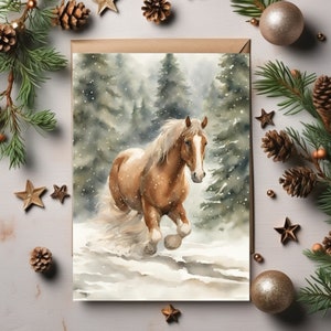 Tarjeta de Navidad imprimible / Caballo de tiro belga de invierno / Tarjeta de Navidad retrato 5x7 / Tarjeta de Navidad imprimible / Descarga digital instantánea