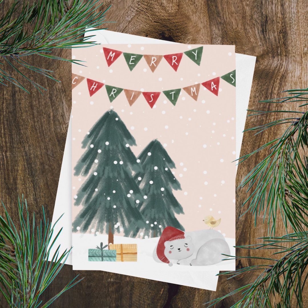 Printable Cute Christmas Card Christmas Bear Greeting Card 5x7 Portrait ...