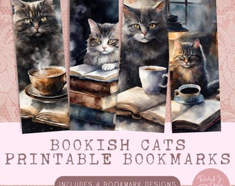 Marque-page amoureux des livres, amoureux des livres, cadeau à imprimer pour les lecteurs Marque-page Bookshop, panier de la librairie Marque-page imprimable Chat et café