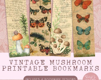 Marcapáginas con forma de hongo de estilo vintage, para imprimir, con temática de bosque de hadas, para amantes de los libros, regalo para lectores, regalo para clubes de lectura, marcapáginas con forma de hongo