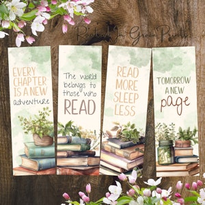 May include: Four watercolour bookmarks with green and brown tones featuring stacks of books, jars, and plants. The bookmarks have inspirational quotes about reading, including "Every chapter is a new adventure", "The world belongs to those who read", "Read more sleep less", and "Tomorrow a new page".
