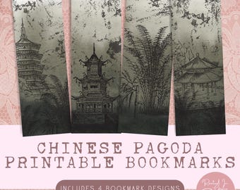 Segnalibri stampabili con pagoda cinese Segnalibro tradizionale cinese orientale con design a pagoda, segnalibro per club del libro, regalo per amanti dei libri, segnalibro cinese stampabile