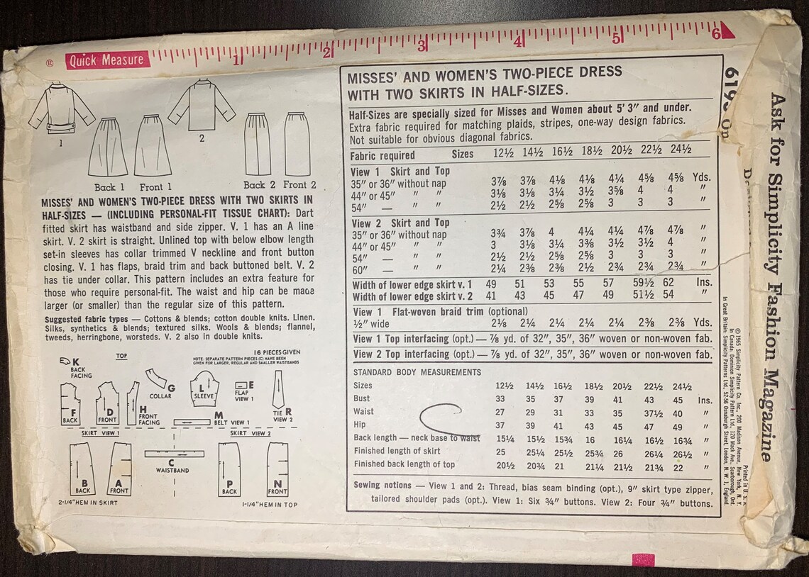 Simplicity Patterns 41 1960s Simplicity 6193 Sewing Pattern Size 20 1/2