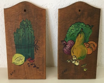 Vintage Wooden Wall Plaques with Hand Painted Veggies