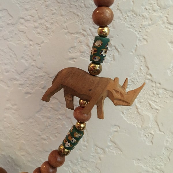 Vintage Boho Wooden Bead Necklace with Carved Rhinoceros