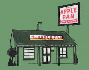 Puede incluir: Una ilustración verde de un edificio con un letrero que dice "The Apple Pan" y "Quality Forever". El edificio tiene una puerta y ventanas negras. El letrero es rojo y blanco.