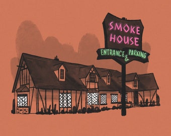 Puede incluir: Una ilustración dibujada a mano de un edificio con un letrero que dice "Smoke House" y "Entrance & Parking". El edificio es una casa de estilo Tudor de color marrón con un letrero sobre la entrada. El texto debajo de la imagen dice "Smoke House Restaurant 4420 Lakeside Drive, Burbank, California 91505."
