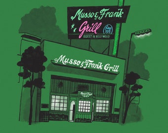 Puede incluir: Una ilustración verde y blanca de Musso & Frank Grill, un restaurante en Hollywood, California. El letrero dice "Musso & Frank Grill Since 1919 Oldest in Hollywood".