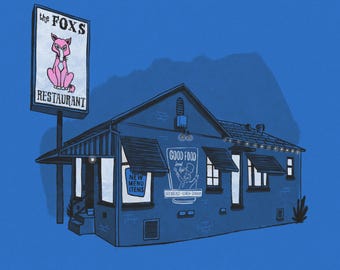 Vintage Los Angeles Restaurant Motel Print – Retro California Wall Art – Matchbook Style Illustration - Fox's Restaurant Altadena Print