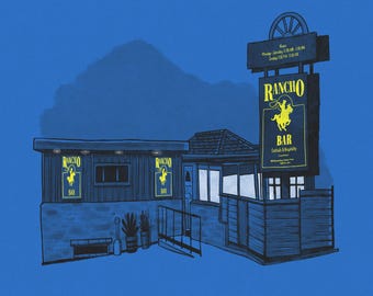 Vintage Los Angeles Restaurant Motel Print – Retro California Wall Art – Matchbook Style Illustration - Rancho Bar Altadena Print