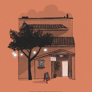 以下が含まれることがあります： 「Bar Flores」と住所「1542 Sunset Blvd, Los Angeles, California 90026」と書かれた看板のある建物の手描きイラスト。建物は茶色で赤い屋根、前に白いライトがついた木がある。
