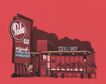 Vintage Los Angeles Restaurant Motel Print – Retro California Wall Art – Matchbook Style Illustration - Bob's Big Boy Print