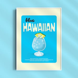 Blau Hawaiian Print, Bunte Cocktail Wandkunst, Bar Dekor, Retro Cocktail Poster, Bar Warenkorb Wandkunst