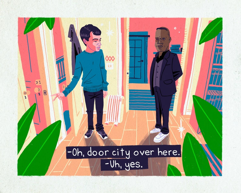 May include: An illustrated scene shows two men in a hallway. One, in a blue sweater and dark trousers, gestures towards a door. The other, in a suit, stands opposite. Text at the bottom reads, "-Oh, door city over here. -Uh, yes."