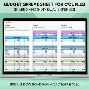 Op de afbeelding: Een laptopscherm dat een budgetspreadsheet voor koppels weergeeft, met secties voor gedeelde en individuele uitgaven. De spreadsheet is georganiseerd per maand, met categorieën voor inkomsten, uitgaven en resterende fondsen. De spreadsheet heeft de titel "Budgetspreadsheet voor koppels: Gedeelde en individuele uitgaven".