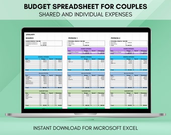 Könnte beinhalten: Ein Laptop-Bildschirm zeigt eine Haushaltsbudget-Tabelle für Paare mit Abschnitten für gemeinsame und individuelle Ausgaben. Die Tabelle ist nach Monaten geordnet, mit Kategorien für Einnahmen, Ausgaben und verbleibende Mittel. Die Tabelle trägt den Titel "Haushaltsbudget-Tabelle für Paare: Gemeinsame und individuelle Ausgaben".
