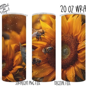 3D Sunflowers and Bees Tumbler wrap, tumbler design, printable design, digital design, 20oz tumbler design, 3D paper flowers