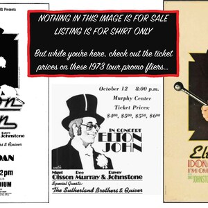K&ouml;nnte beinhalten: Ein schwarz-wei&szlig;es Konzertplakat f&uuml;r Elton John mit einem Cartoon-Bild von Elton John in einem Zylinder und Monokel. Das Plakat wirbt f&uuml;r ein Konzert am 1. September im Balboa Stadium mit den Special Guests Olsson Murray & Johnstone und The Sutherland Brothers & Quiver. Das Plakat enth&auml;lt auch den Text "Steely Dan".